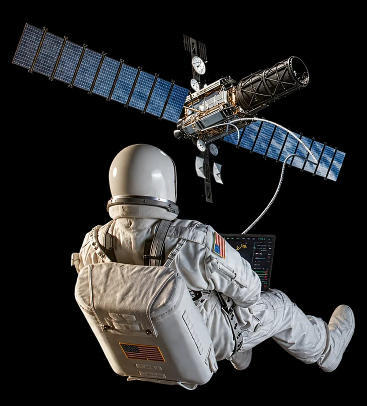 An astronaut floating in orbit, reading a trading chart on a screen