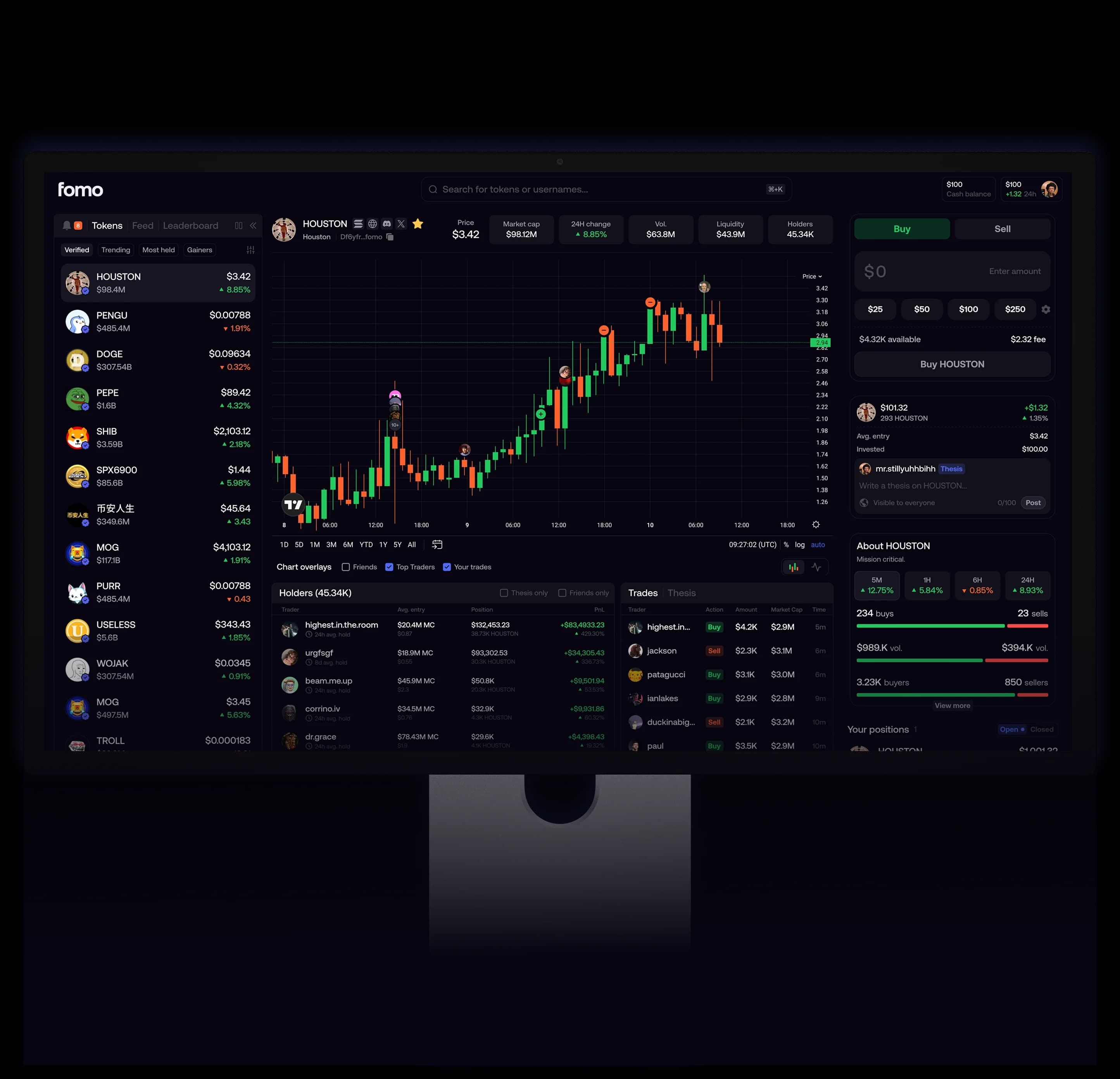 The FOMO trading interface shown on a desktop monitor