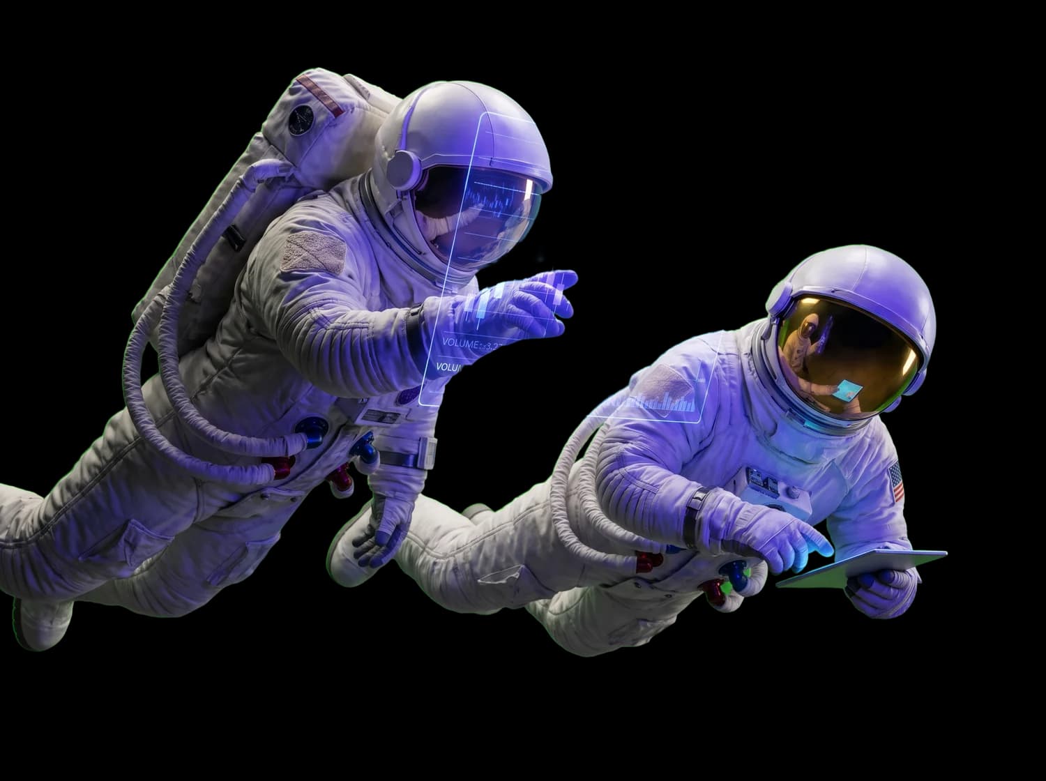 One astronaut in orbit pointing something out to another, who is watching and taking notes on a tablet